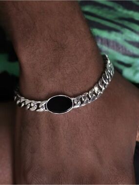 Silver Cuban Link Bracelet with Black Oval Inlay